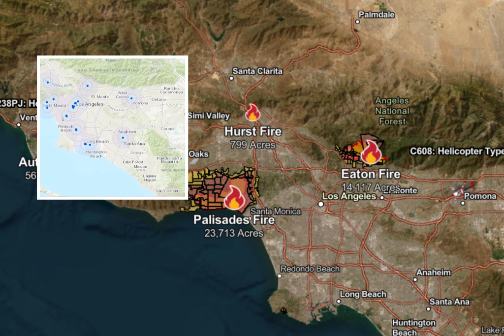 Map shows 2028 Olympics venues surrounded by Los Angeles fires