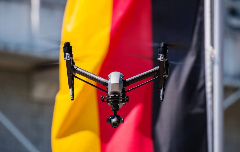 Drone Hovering In Front of German Flag