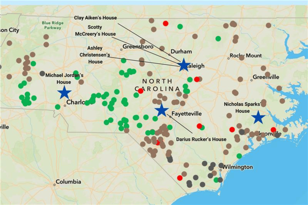 Celebrity homes North Carolina wildfires map