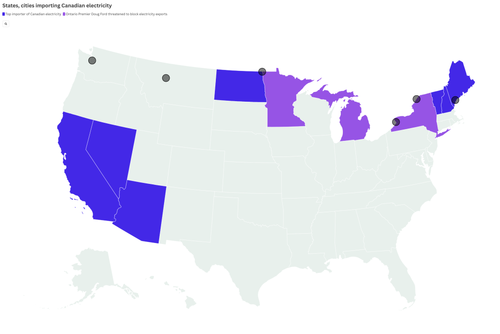 Map shows states that would be impacted most if Canada cuts off electricity