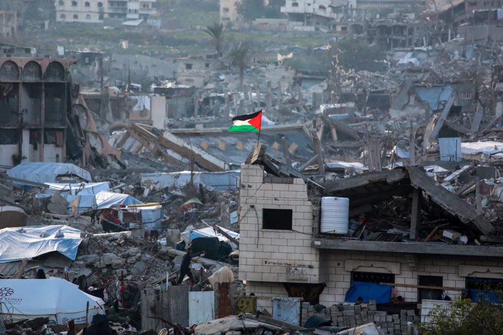 Palestinian, flag, in, ruins, of, Gaza